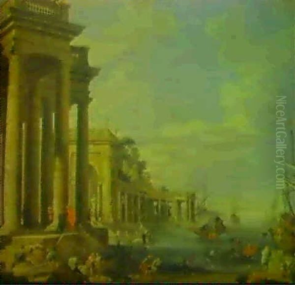 Scene Portuaire Imaginaire Avec Une Double Colonnade Et     L'affretement D'un Vaisseau De Guerre Oil Painting by Giovanni Paolo Panini