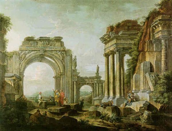 Roman Ruins With The Parable Of The Fishes Oil Painting by Giovanni Paolo Panini