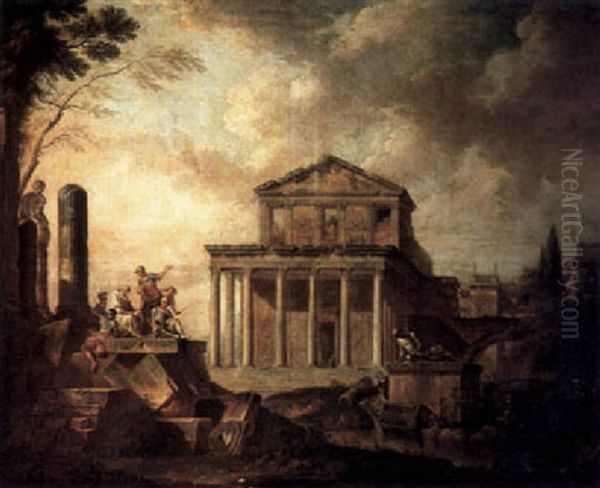 A Group Of Figures In Discussion Amongst Ruins Before The   Temple Of Antonino And Faustina Oil Painting by Giovanni Paolo Panini