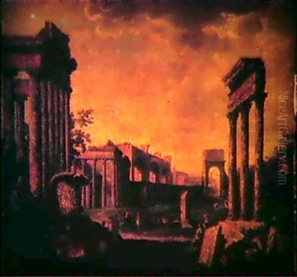 Capriccio Of Roman Ruins Oil Painting by Giovanni Paolo Panini