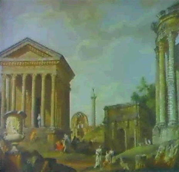 Roman Ruins With The Medici Vase, The Maison Carree At      Nimes, The Temple Of Minerva Medica, Column Of Marcus Aureli Oil Painting by Giovanni Paolo Panini