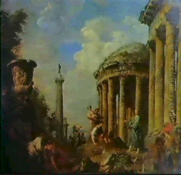 An Apostle Speaking To Figures Gathered Amongst Roman Ruins Before The Temple Of Vesta And Trajan's Column Oil Painting by Giovanni Paolo Panini