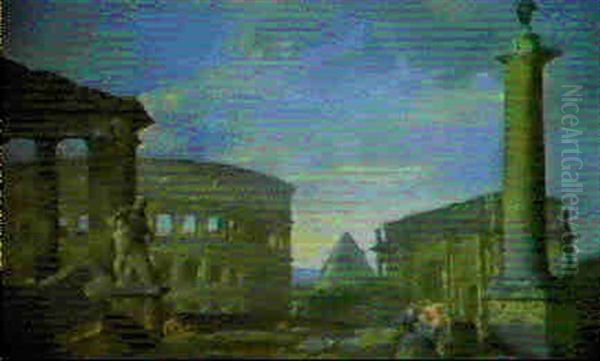 Capriccio Con Rovine Romane Col Colosseo, La Piramide Di    Caio Cestio, L'arco Di Costantino... Oil Painting by Giovanni Paolo Panini