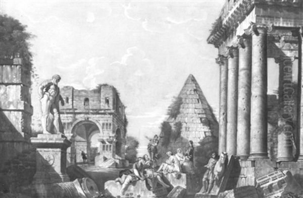 Capriccio Architettonico Con L'arco Di Giano, La Piramide   Cestia E Figure Oil Painting by Giovanni Paolo Panini