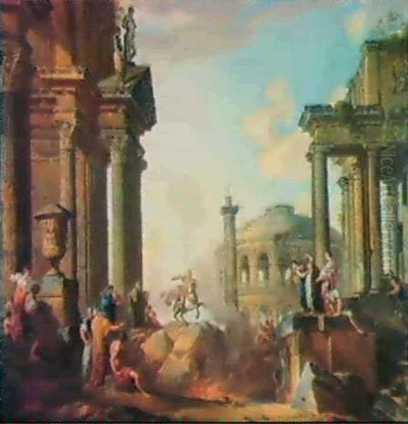 Marcus Curtius Leaping Into The Chasm, A Capriccio With     Trajan's Column And Other Classical Buildings Beyond Oil Painting by Giovanni Paolo Panini