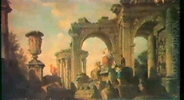 A Capriccio Of Roman Ruins With Figures Oil Painting by Giovanni Paolo Panini