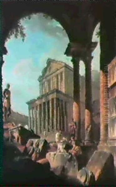 A Capriccio Of A Classical Temple Seen Through A Loggia     With A Philosopher Disputing With A Soldier Oil Painting by Giovanni Paolo Panini