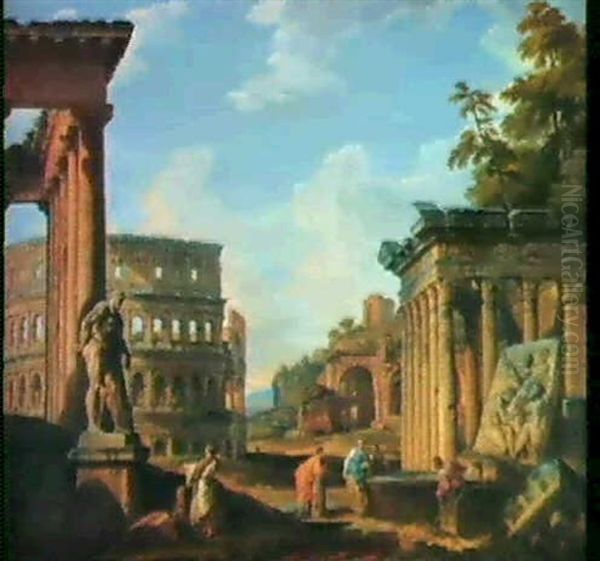 A Capriccio Of Classical Ruinswith The Temple Of Antoninus  And Faustina, The Colosseum, The Basilica Of Maxentius,more Oil Painting by Giovanni Paolo Panini