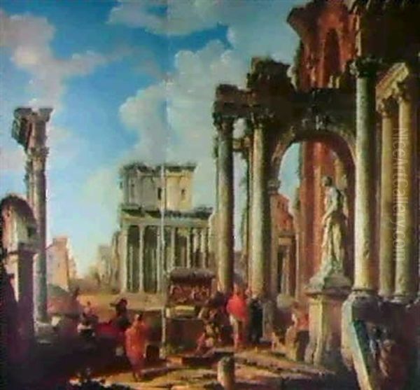 Capriccio Di Rovine Romane Conla Fontana Di Giuturna, Le    Colonne Del Tempio Dei Dioscu-ri... Oil Painting by Giovanni Paolo Panini