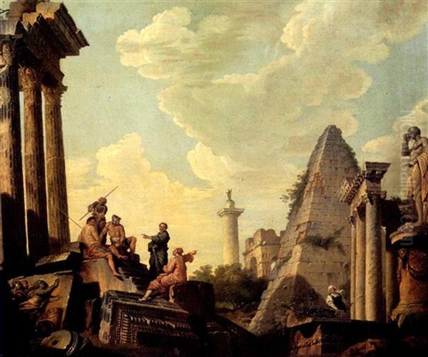 An Architectural Capriccio With Trajan's Column, The        Pyramid Of Cestia, Other Ruins And Figures. Oil Painting by Giovanni Paolo Panini