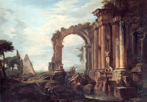 A Capriccio Of Classical Ruins With The Pyramid Of Cestius  And Figures In A Landscape Oil Painting by Giovanni Paolo Panini