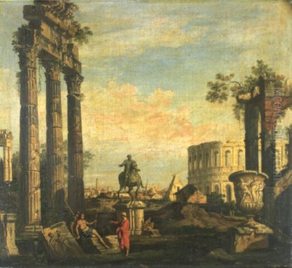 Capriccio Of Roman Ruins With The Temple Of Dioscuri And Soldiers Oil Painting by Giovanni Paolo Panini