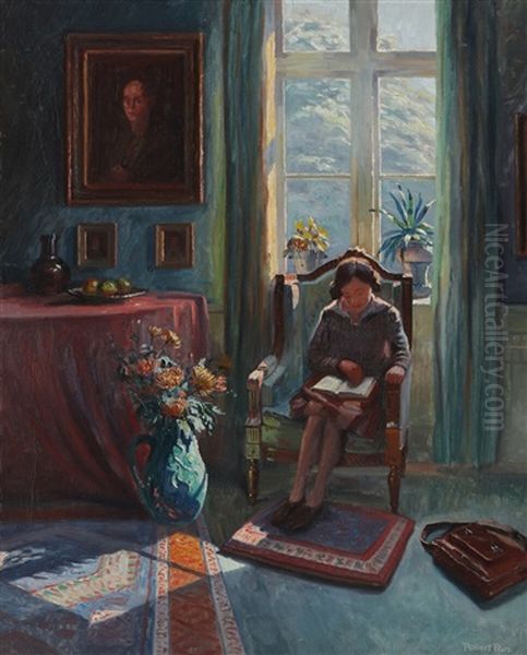 Interior With A Reading Woman At A Window Oil Painting by Robert Panitzsch