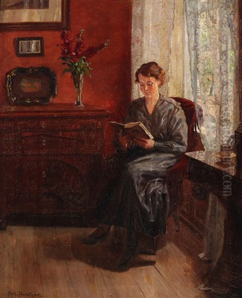 Interior With A Woman Reading Oil Painting by Robert Panitzsch