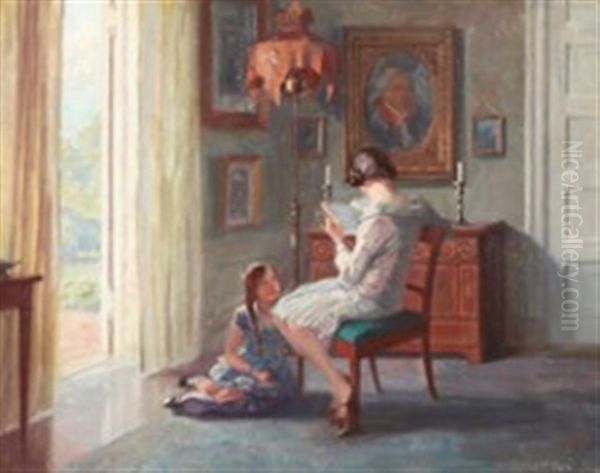 Living Interior With Two Girls Reading Oil Painting by Robert Panitzsch