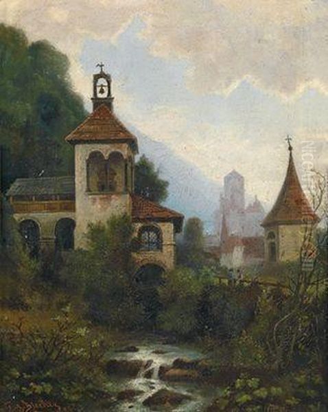 Landschaft In Sudtirol Mit Burg Und Kirche Oil Painting by Conrad Blecher