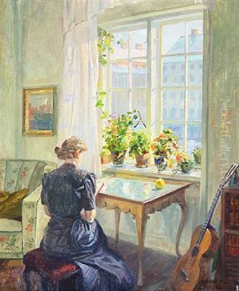 Interior With A Woman Reading At A Window Oil Painting by Robert Panitzsch