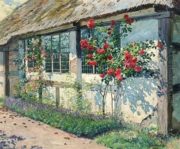 Flowering Roses By An Old Farmhouse Oil Painting by Robert Panitzsch