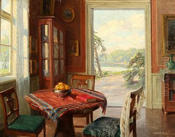 Interior With View Of A Lake Through The Open Garden Door Oil Painting by Robert Panitzsch