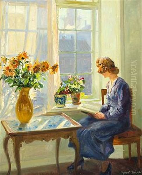 Interior With Reading Woman In A Sunny Room Oil Painting by Robert Panitzsch