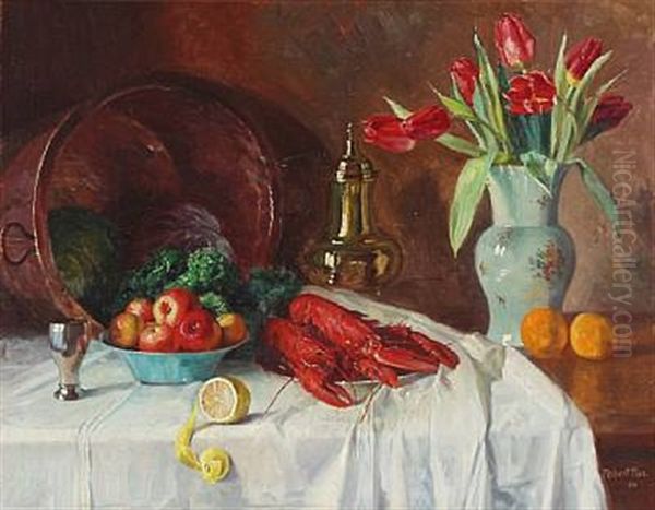 Still Life With Tulips, Lobster And Fruits On A Table With A White Tablecloth Oil Painting by Robert Panitzsch