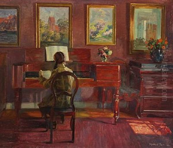 Interior With A Girl Playing The Piano Oil Painting by Robert Panitzsch