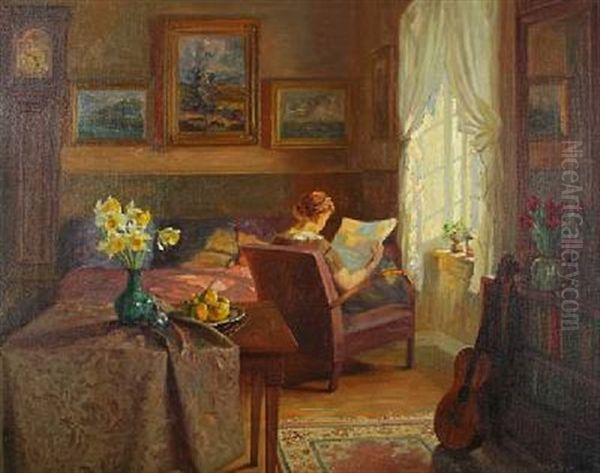 Interior With Reading Woman By The Window Oil Painting by Robert Panitzsch