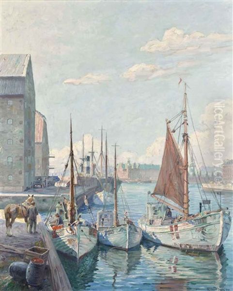 Fishing Vessels At Copenhagen Harbour Oil Painting by Robert Panitzsch