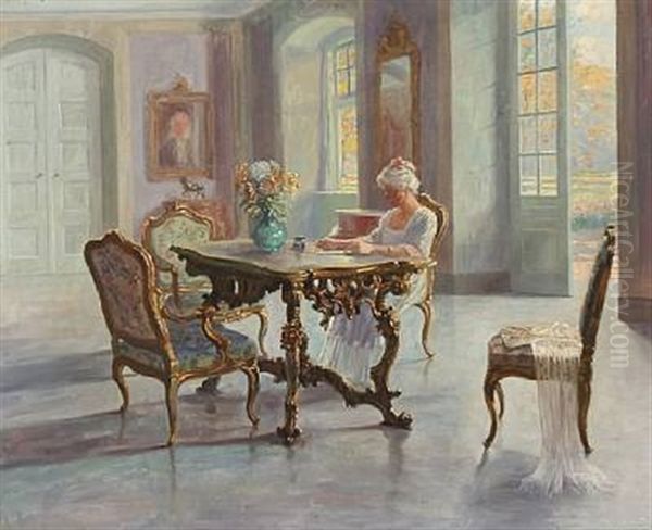 Rococo Interior With A Woman Writing Oil Painting by Robert Panitzsch