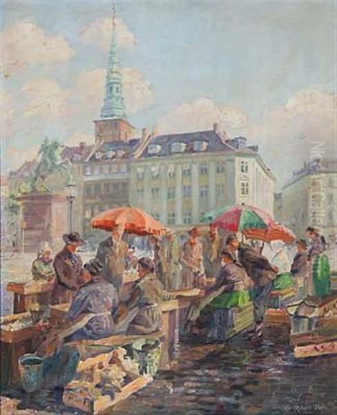 Fishermen's Wives Selling Fish At Hojbro Plads In Copenhagen Oil Painting by Robert Panitzsch