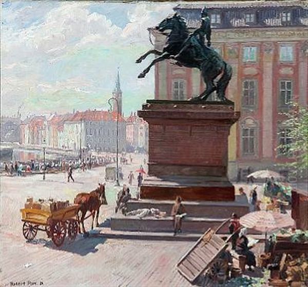 Summer Day At Hojbro Plads With Flower Sellers, In The Background Fishermen's Wife Selling Fish Along Gl. Strand Oil Painting by Robert Panitzsch