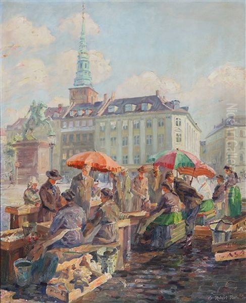 Fishermens' Wives Selling Fish At Hojbro Plads In Copenhagen Oil Painting by Robert Panitzsch