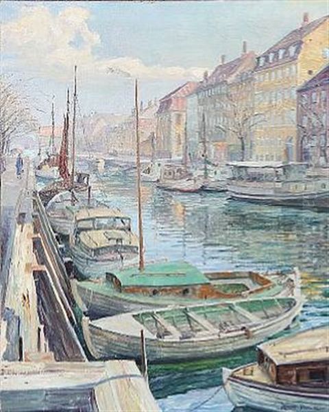 Sailboats In Christianshavn's Canal In Copenhagen Oil Painting by Robert Panitzsch