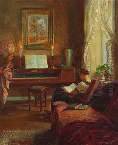 Interior With A Woman Reading In An Armchair Oil Painting by Robert Panitzsch