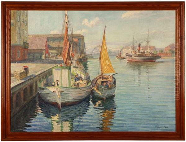 Danish Harbor With Boats And Figures Oil Painting by Robert Panitzsch