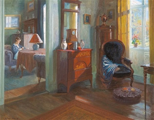 Biedermeier Interieur Mit Junger Frau Am Fenster Oil Painting by Robert Panitzsch