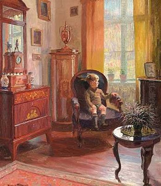 Interior Med En Lille Dreng, Der Kigger Ud Af Vinduet Oil Painting by Robert Panitzsch