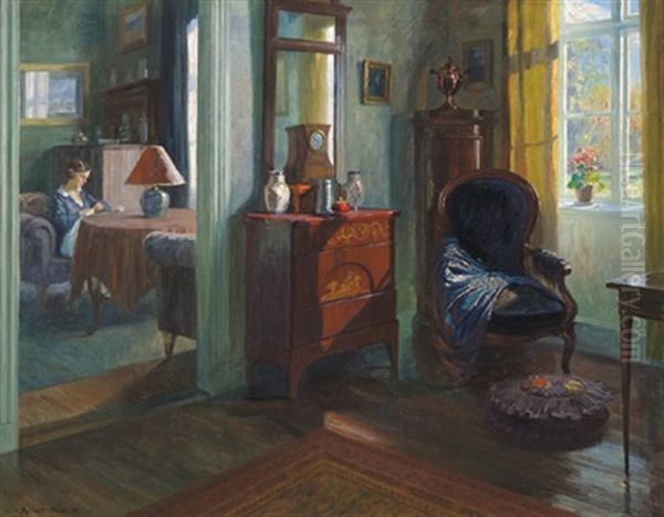 Biedermeier Interieur Mit Junger Frau Am Fenster Oil Painting by Robert Panitzsch