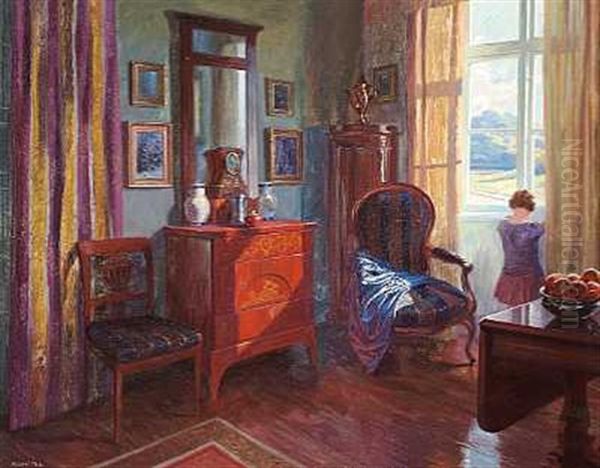 Interior Med En Lille Pige, Der Kigger Ud Af Vinduet Oil Painting by Robert Panitzsch