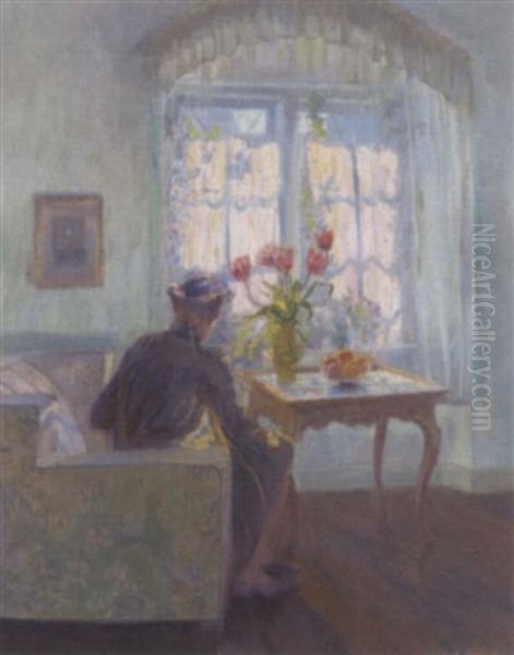 A Woman Seated In A Interior By A Vase Of Tulips Oil Painting by Robert Panitzsch