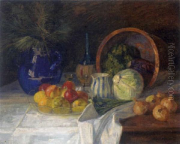 Apples In A Glass Bowl, Fern Leaves In A Jug, A Wine Bottle, Two Glasses, A Striped Jug, An Upturned Copper Bowl, Cabbages, Onions And Other Green Vegetable On A Draped Table Oil Painting by Robert Panitzsch