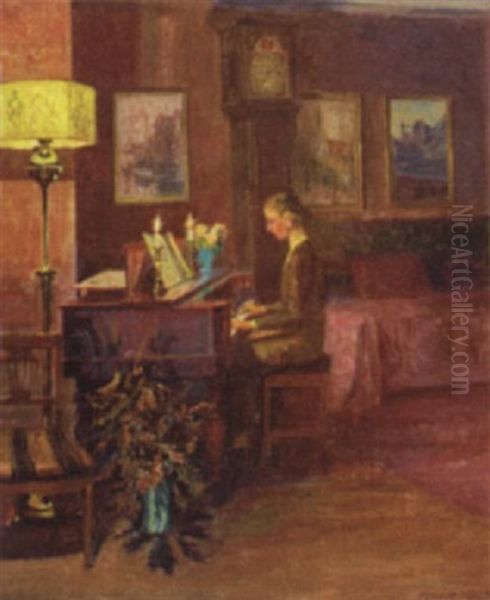 Woman Seated At A Piano Oil Painting by Robert Panitzsch