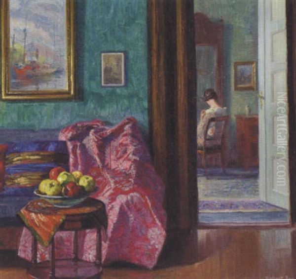 Interior Med Ung Pige, I Forgrunden Bord Med Frugter Oil Painting by Robert Panitzsch