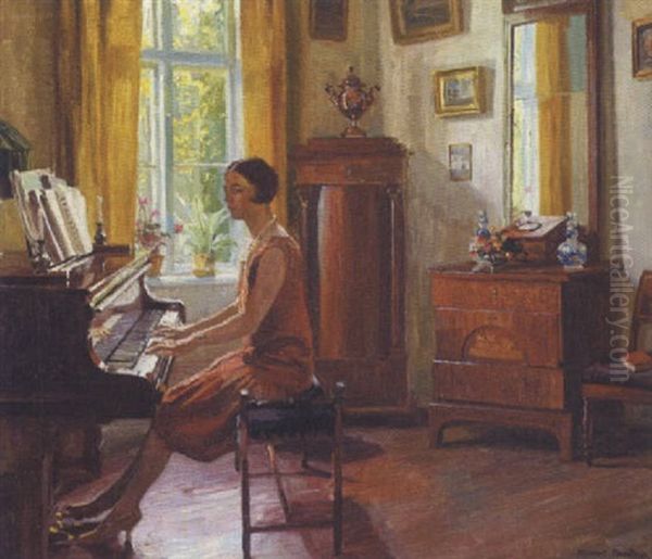 Else Norgaard Ved Flyglet I Stuen Til Den Nedrevne Villa Kirsten Oil Painting by Robert Panitzsch