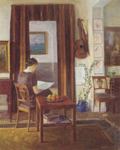 An Elegant Woman Reading In A Drawing Room Oil Painting by Robert Panitzsch