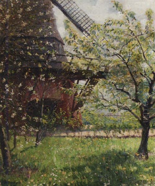 An Orchard Before A Windmill Oil Painting by Robert Panitzsch