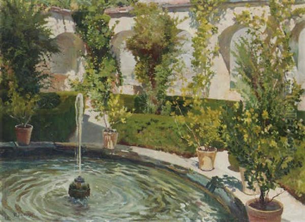 The Garden Fountain Oil Painting by Robert Panitzsch