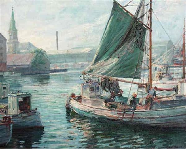 Fishing Boats In Copenhagen Harbour Oil Painting by Robert Panitzsch