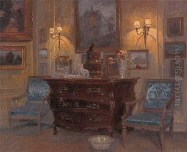 A Lamplit Interior Oil Painting by Robert Panitzsch