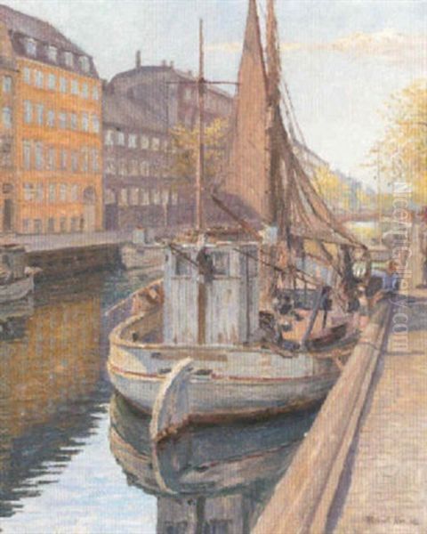 Boats Moored On A Canal, Copenhagen Oil Painting by Robert Panitzsch